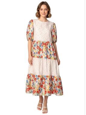 White Multi Floral Maxi Dress Puff Sleeve